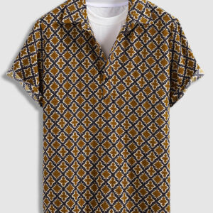 Men's retro ethnic print corduroy half-sleeved POLO