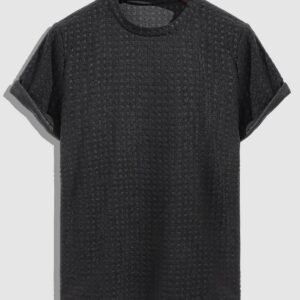 Men's solid color plaid terry fabric round neck T-shirt