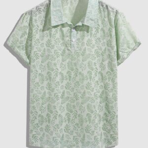 Men's Vintage Sheer Botanical Print Casual Half-Button Short Sleeve POLO