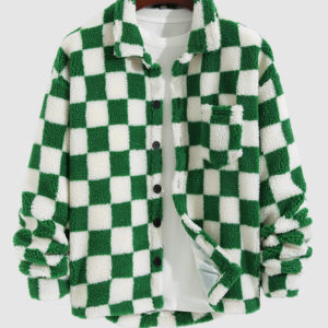 Men's Colorblock Checkerboard Plaid Button Fly Fluffy Fleece Jacket