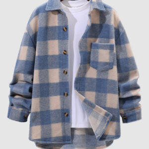 Men's Simple Plaid Wool Blend Button Shirt Jacket