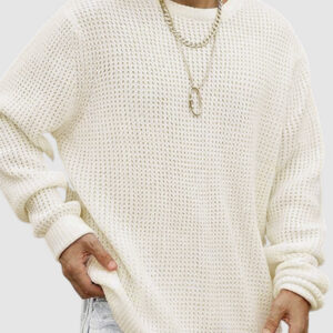 Men's solid color loose fit knitted crew neck sweater