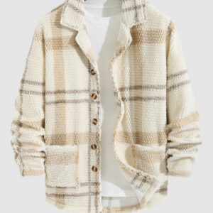 Men's Plaid Fluffy Faux Fur Lapel Double Pocket Casual Jacket