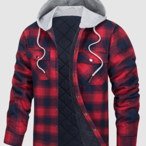 Men's hooded plaid thickened warm button shirt jacket