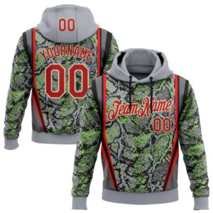 Custom Stitched Gray Red Green Black-Cream 3D Pattern Design Snake Skin Print Sportswear Pullover Sweatshirt Hoodie