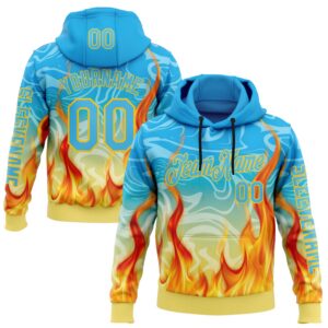 Custom Blue Sky Blue-Yellow 3D Abstract Flame Sports Pullover Sweatshirt Hoodie