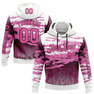 Custom White Pink-Black 3D Abstract Flame Sports Pullover Sweatshirt Hoodie