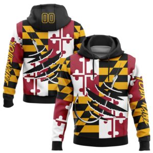 Custom Gold Black-Red 3D Maryland Flag And Fish Hook Fishing Sports Pullover Sweatshirt Hoodie