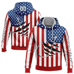 Custom Red US Navy Blue-Black 3D American Flag And Fish Hook Fishing Sports Pullover Sweatshirt Hoodie
