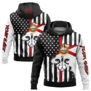 Custom Black Red-White 3D American Flag And Fish Hook Fishing Sports Pullover Sweatshirt Hoodie