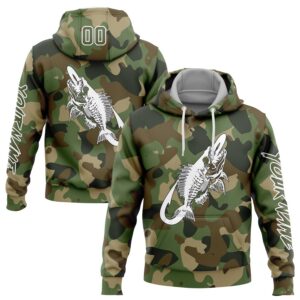 Custom Camo Olive-White 3D Fish Hook Skull Fishing Sports Pullover Sweatshirt Salute To Service Hoodie