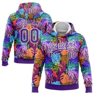 Custom Stitched Purple White 3D Hawaii Palm Trees Sports Pullover Sweatshirt Hoodie