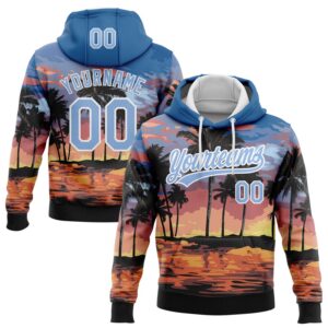 Custom Stitched Blue Light Blue-White 3D Hawaii Palm Trees Sports Pullover Sweatshirt Hoodie