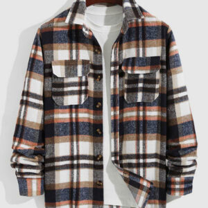 Men's vintage plaid thickened wool blend double pocket lapel jacket