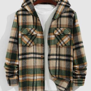 Men's plaid hooded wool blend lapel shirt jacket